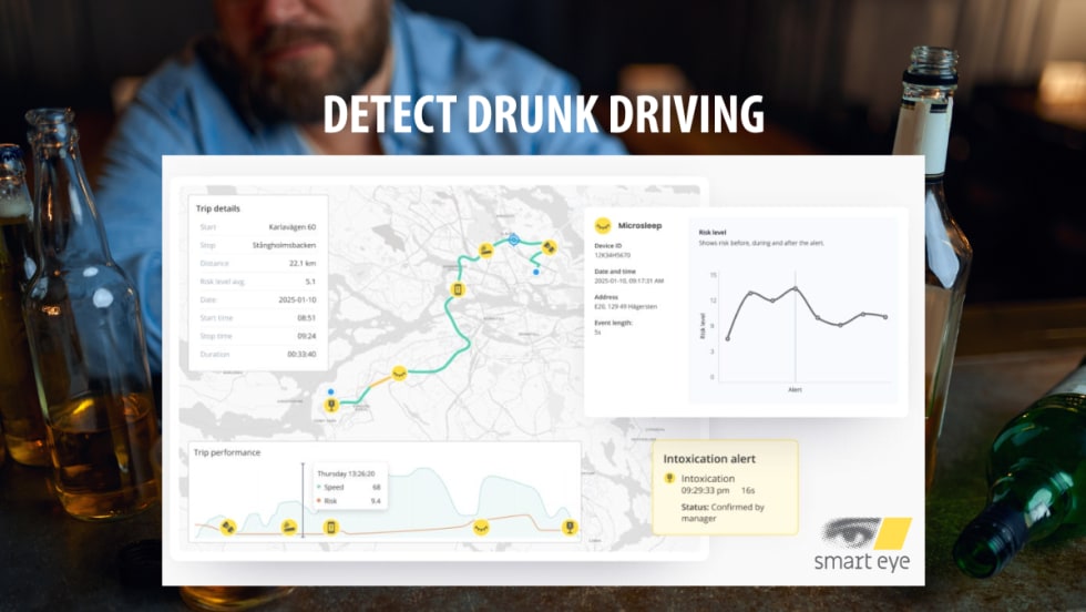Smart Eye dashboard showing trip data, risk graph, and intoxication alert overlaid on a scene with a man and beer bottles. Text reads: "DETECT DRUNK DRIVING."