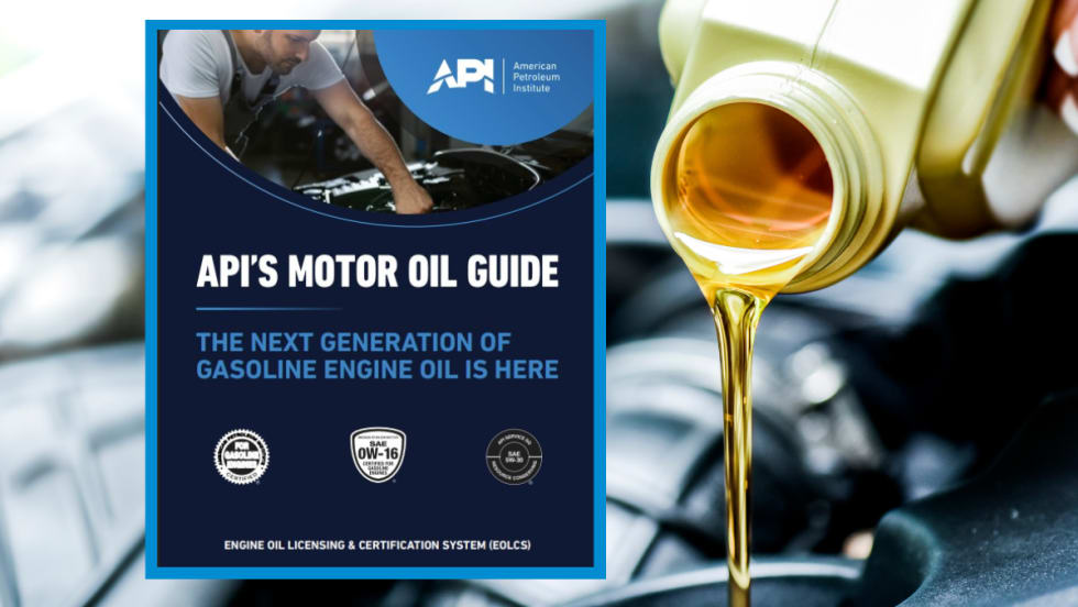 Background image of oil pouring into an engine, inset photo of API's Motor Oil Guide.