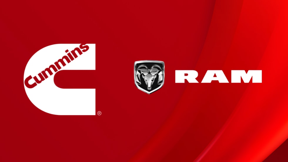 Cummins and RAM logos on a red background, featuring the white Cummins “C” with text and the chrome RAM head logo next to bold white “RAM” lettering.