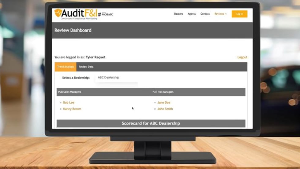 Computer screen showing the Audit F&I Review Dashboard, displaying dealership selection and manager scorecard options for ABC Dealership.