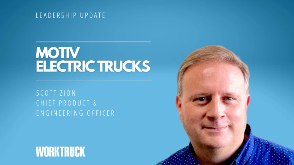 Man against blue background and white text saying Motiv Electric Trucks and the man's name and job title.