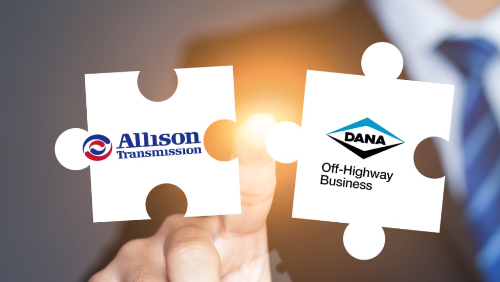 Two puzzle pieces with Allison Transmission and Dana Off-Highway Business logos symbolizing their $2.7 billion acquisition and strategic business alignment.