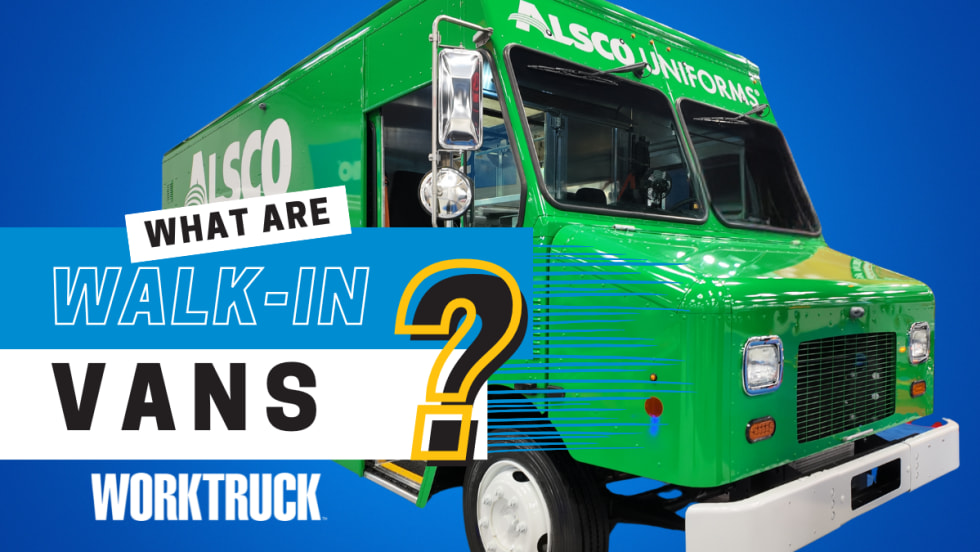 Green Alsco walk-in van with the text “What are walk-in vans?” and WORKTRUCK logo.
