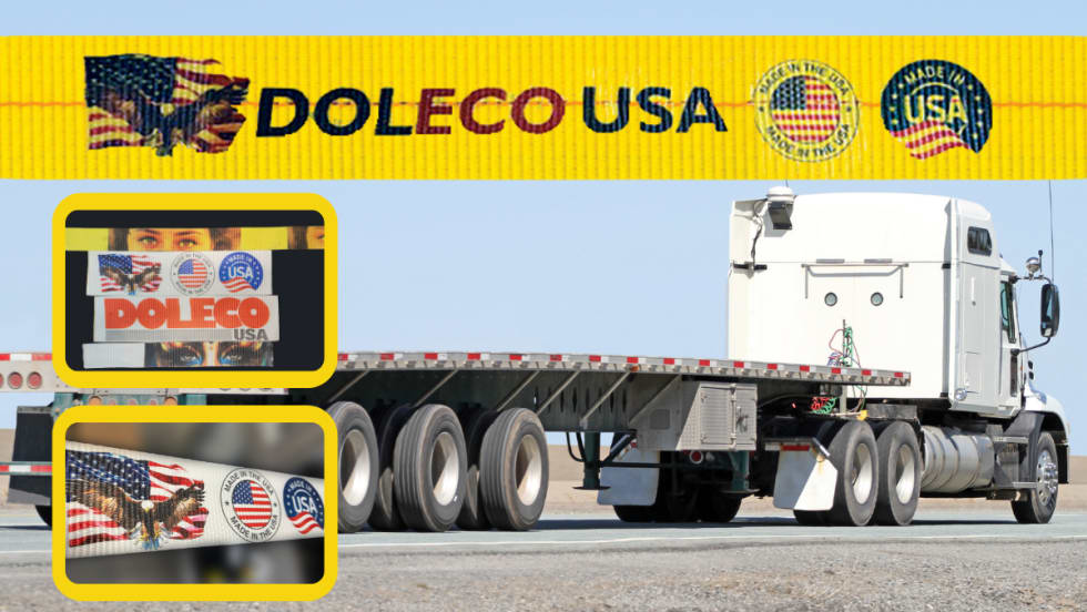 background image of a flatbed trailer behind a truck, inset images of cargo straps with printed designs.