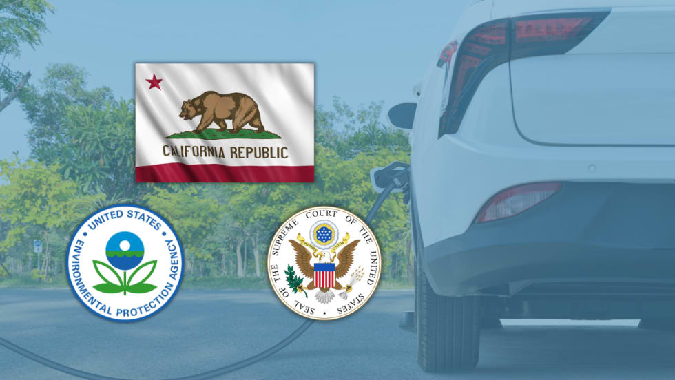 An EV charging with the California flag, EPA seal, and Supreme Court seal overlaid, representing clean vehicle policy debate.