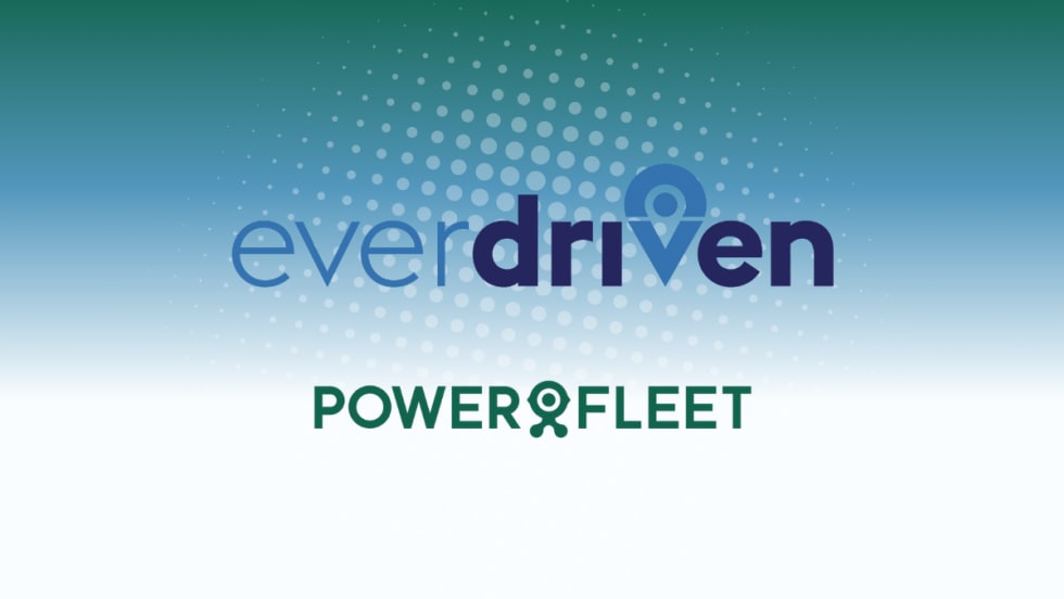 Logos of EverDriven and Powerfleet displayed on a gradient background with dotted design elements.