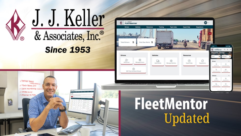 Blurred background image, with J.J. Keller logo inset top left, a man at a desk inset bottom left, a computer screen top right, and FleetMentor Updated at bottom right.
