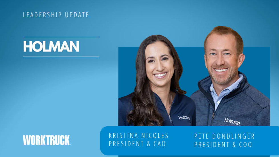 inset photos of a man and woman in business attire set against a blue background with white text for company name, Holman, and smaller white text with their names and titles.