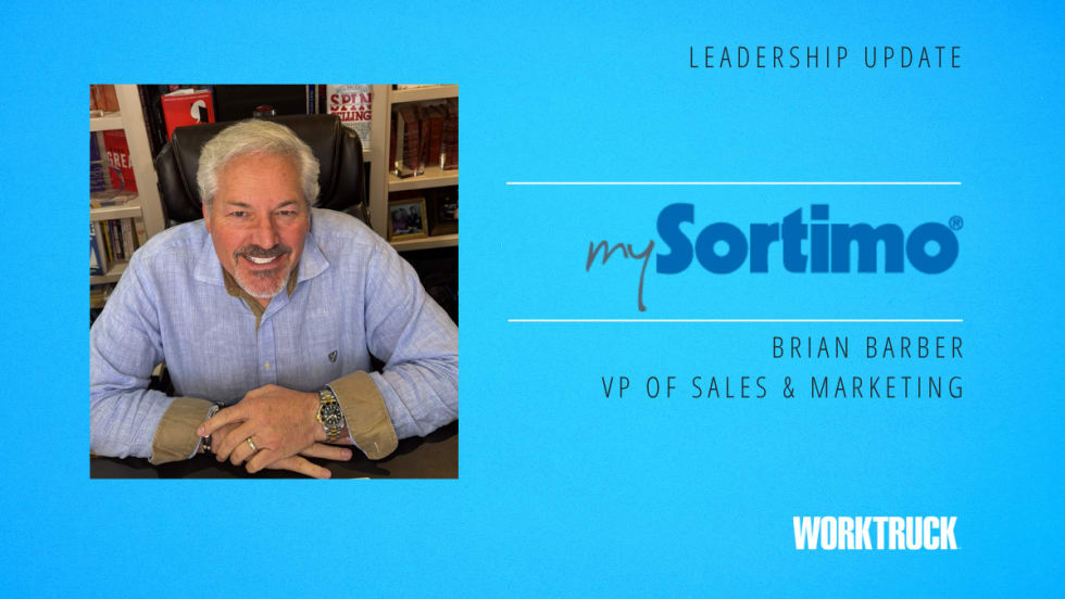 Illustration of Brian Barber in a suit and tie with short gray hair and goatee. Text reads: “Leadership Update, Sortimo, Brian Barber VP of Sales & Marketing, Work Truck logo.”