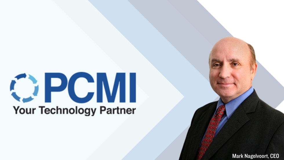 PCMI CEO Mark Nagelvoort stands next to the PCMI logo with the tagline “Your Technology Partner” on a graphic background.