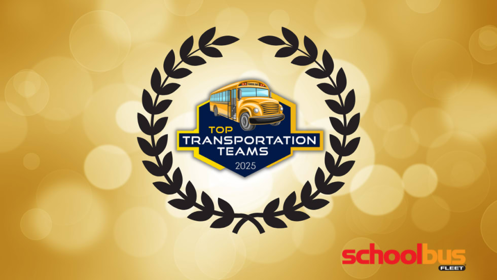 Top Transportation Teams 2025 award logo with a school bus graphic and laurel wreath on a gold background, alongside the School Bus Fleet logo.