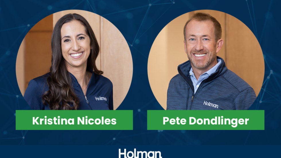Kristina Nicoles and Pete Dondlinger, both wearing Holman-branded jackets, are pictured side by side following their executive appointments at Holman.