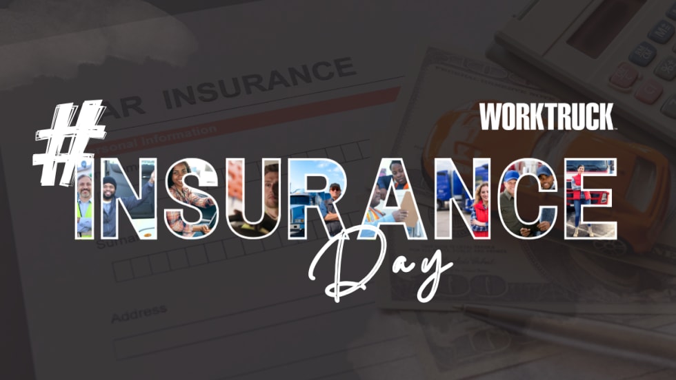 Work Truck Insurance Day graphic featuring fleet professionals and vehicle images within bold text overlaying insurance forms, cash, and a calculator background.