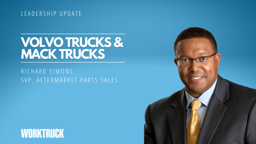 Man in business attire against a blue background with white headline for Volvo Trucks & Mack Trucks and the man's name and title in smaller white print.