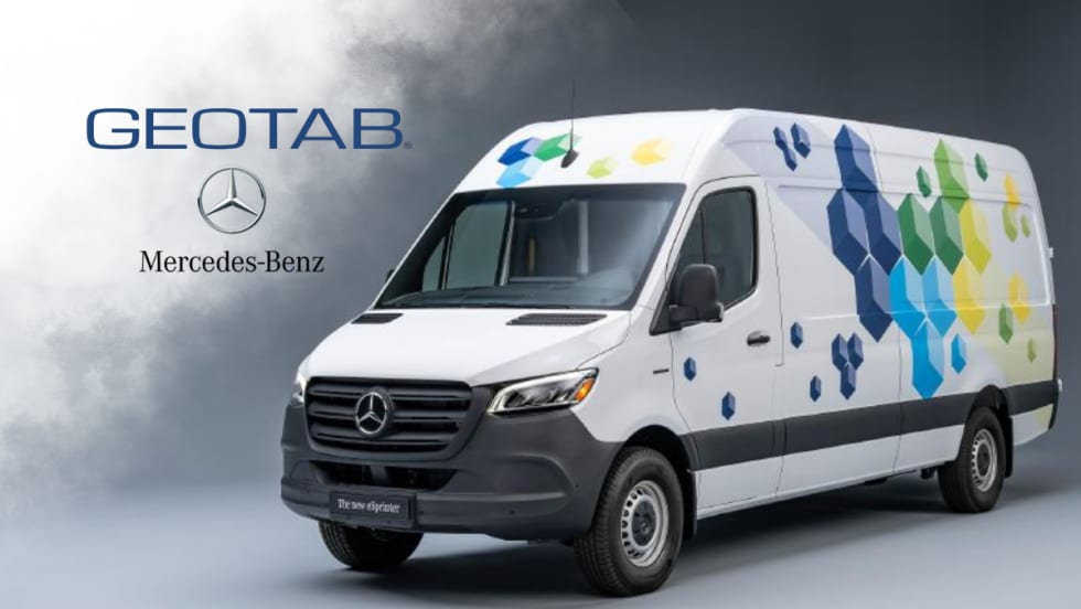 Mercedes-Benz eSprinter van with Geotab branding and colorful hexagon graphics on white background.