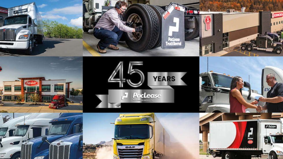 A collage of PacLease trucks, facilities, and staff interactions with a center banner that reads "45 Years PacLease Truck Rental and Leasing," celebrating the company’s 45th anniversary.
