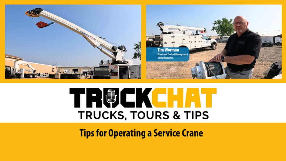 Truck Chat logo, image of extended service crane top left, image of man in front of mechanic truck top right, headline for Tips for Operating a Service Crane.