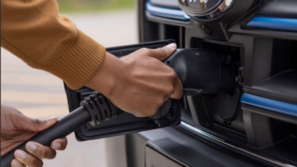 A person plugs a charging cable into the front port of a Ford electric vehicle, highlighting EV charging infrastructure for fleet operations.