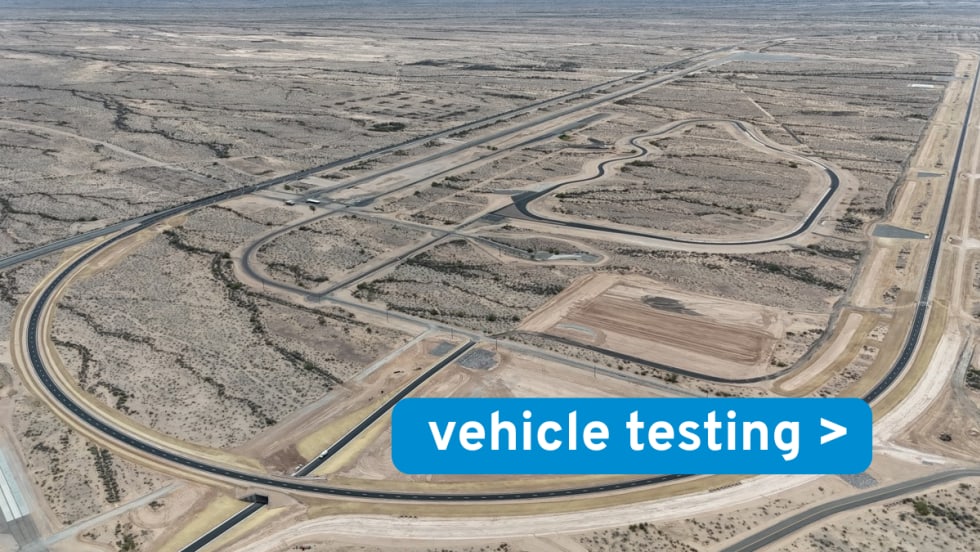 Aerial view of Toyota Arizona Proving Grounds with test tracks and a “vehicle testing” label overlay.