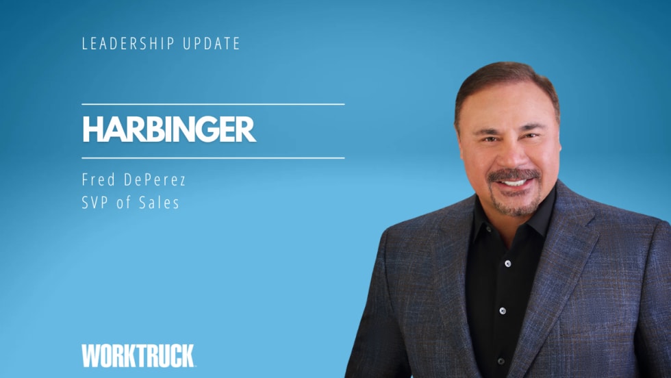 Man in business attire against a blue background with white headlines that say: Industry Update, Harbinger, and the man's name and title.