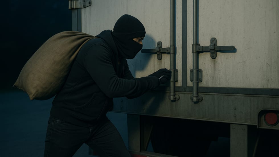 A person in a black mask and dark clothing uses a tool to open the back of a cargo truck at night, suggesting a cargo theft in progress.