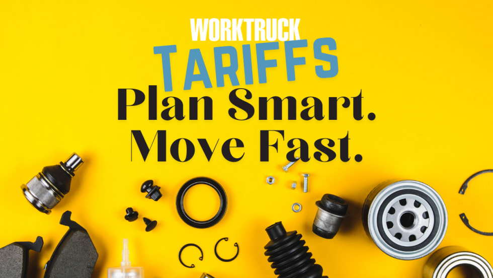 Work Truck-branded image on a yellow background with scattered auto parts and bold text reading “Tariffs: Plan Smart. Move Fast.”