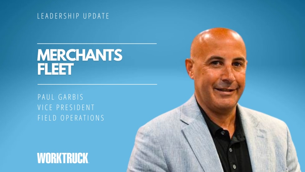 Man in business attire against a blue background with white text headlines that say Leadership Update, Merchants Fleet, and the man's name and title.