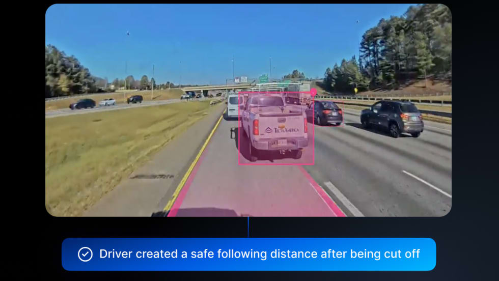 Dashcam footage on a highway showing a driver maintaining safe distance behind a white pickup truck after being cut off.