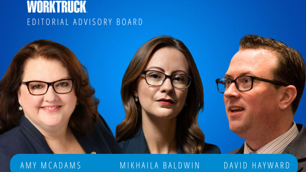 Two women and one men all in business attire against a blue background and inset white text saying Work Truck, and, Editorial Advisory Board.