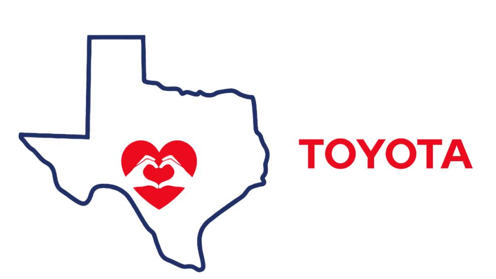 Flood relief illustration with the outline of Texas with red heart and hands inside, and Toyota logo at the right.