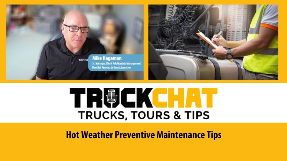 Thumbnail image with Truck Chat logo, inset photos of a man at a table top left, inset photo of a man checking off a list on a clipboard, and headline title for Hot Weather Preventive Maintenance Tips