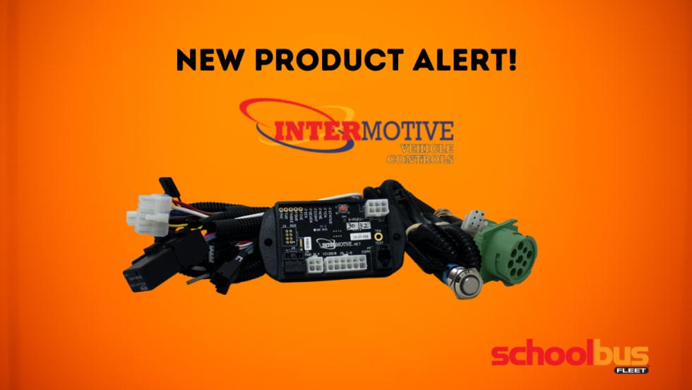 New product alert graphic featuring InterMotive Vehicle Controls’ IdleLock wiring module against an orange background with the School Bus Fleet logo.