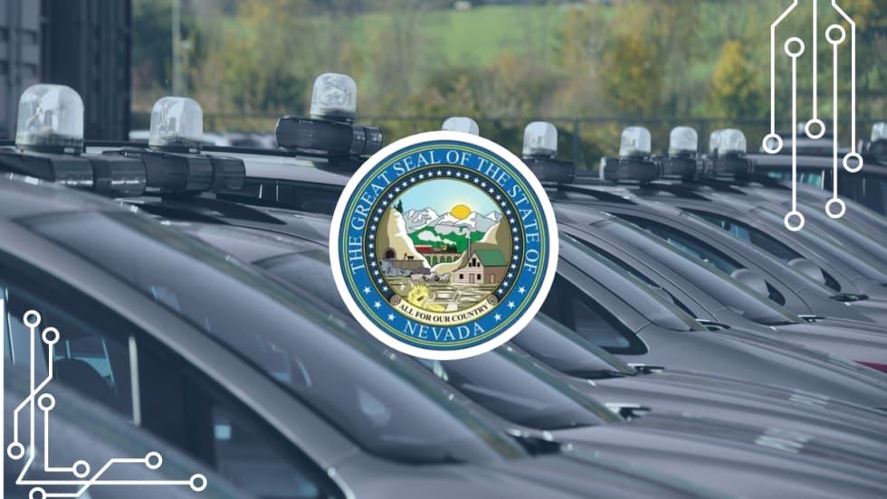 Row of state fleet vehicles with light bars, Nevada state seal centered, and circuit graphics in corners, illustrating the state’s use of telematics technology for fleet management.
