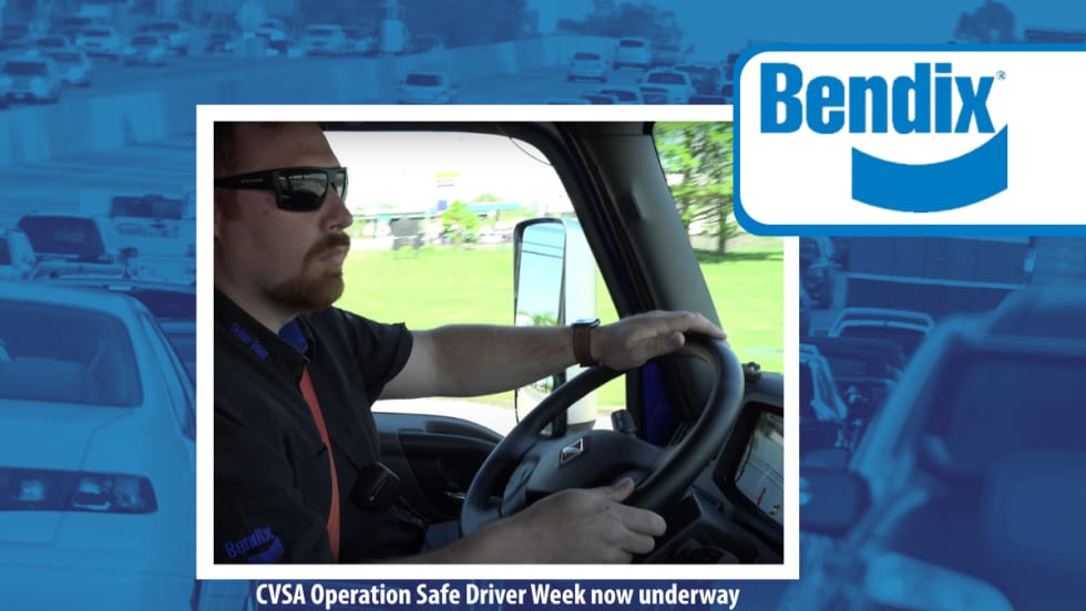 Blue tinted background image of traffic, inset image of man driving a truck, inset logo for Bendix and small white type that says CVSA Operation Safe Driver Week now underway.