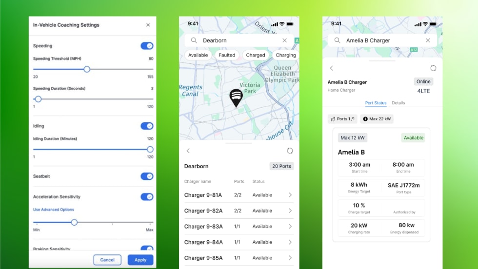 Ford Pro app screens showing driver coaching settings, depot charger map, and home charger session details with real-time status.