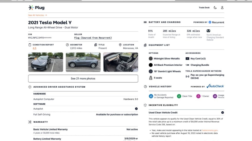 Plug listing for a 2021 Tesla Model Y showing vehicle details, battery health, warranty, equipment, Autopilot status, and Recurrent battery data, with photos and incentive eligibility noted.