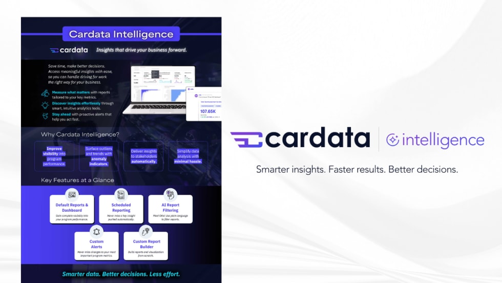 Promotional image for Cardata Intelligence highlighting features like dashboards, AI report filtering, alerts, and custom reports, with the tagline: “Smarter insights. Faster results. Better decisions