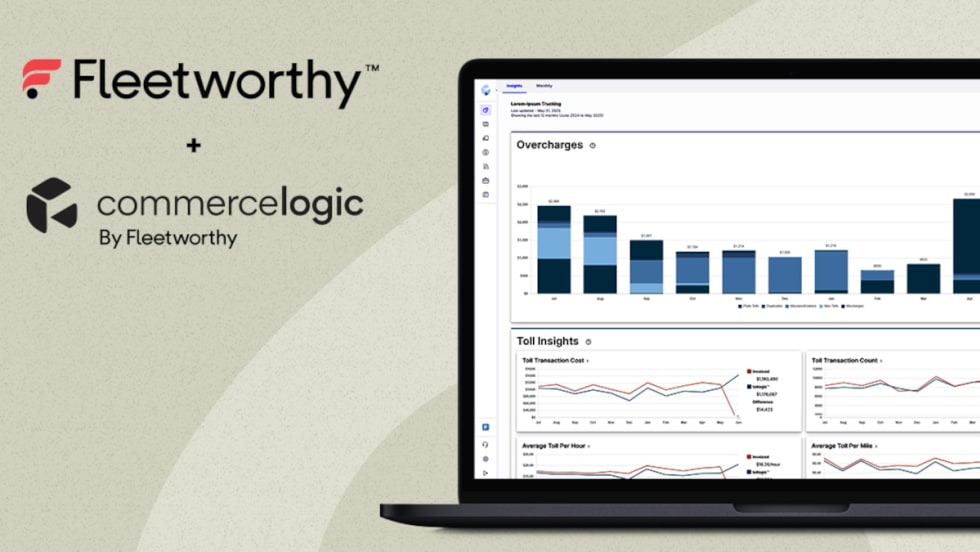 Laptop open on right side of frame with charts displayed, to the left are logos for Fleetworthy and commercelogic against a beige background.