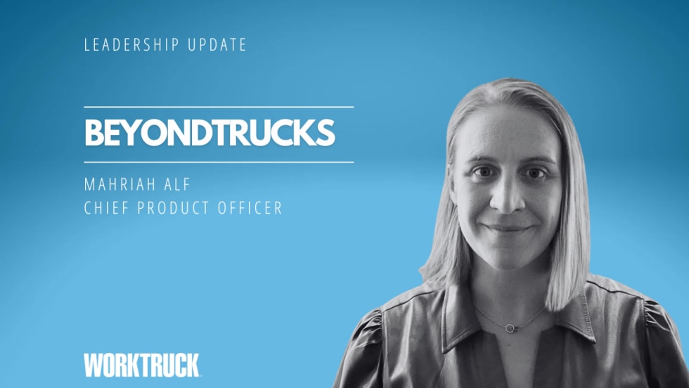 Woman in business attire against a blue background with white text for Leadership Update, BeyondTrucks, and her name and title.
