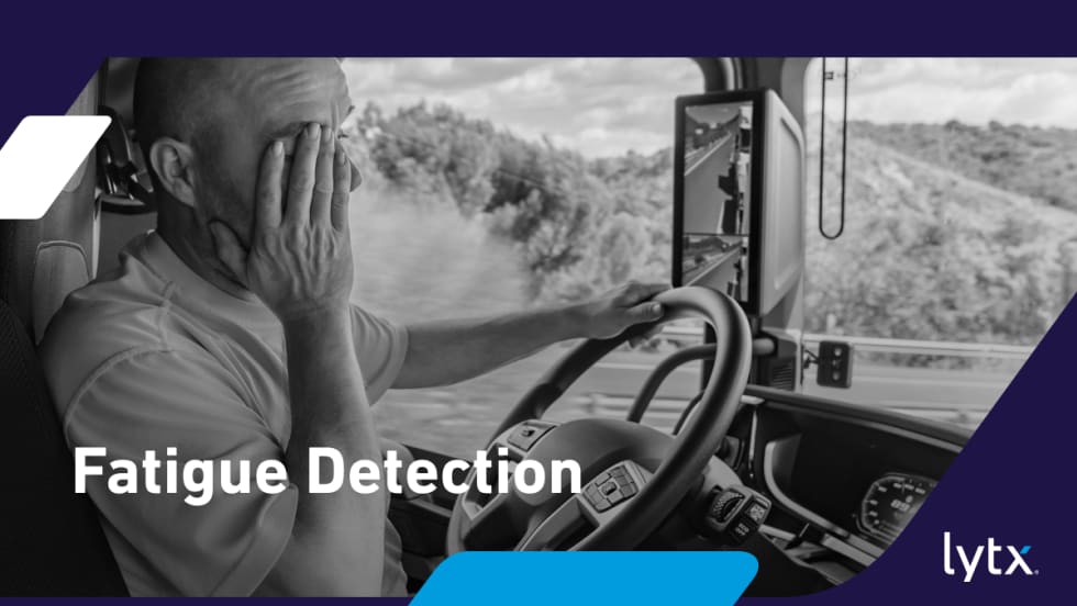 Image of man driving a truck and showing signs of fatigue, inset headline for Fatigue Detection, and a logo for Lytx.