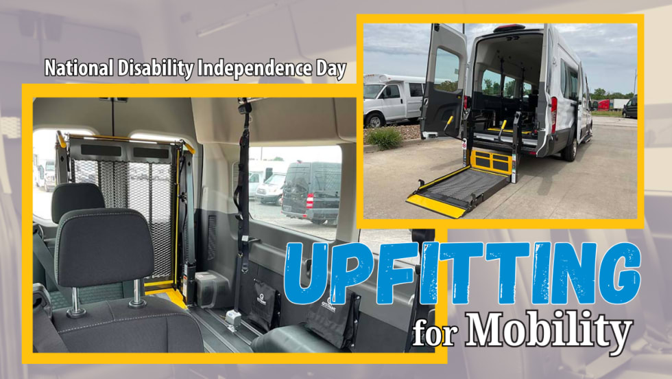 Background tinted image of van passenger seating with inset mages of inside of ADA-capable van and exterior view of van with wheelchair lift deployed, plus headline of Upfitting for Mobility.