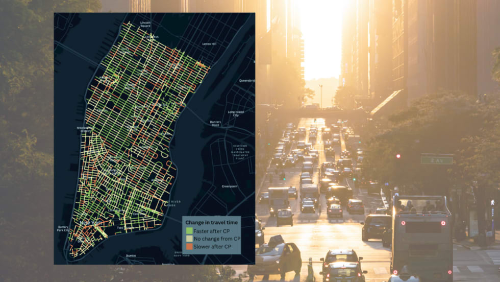 Photo of Manhattan traffic congestion overlaid by map showing traffic speeds