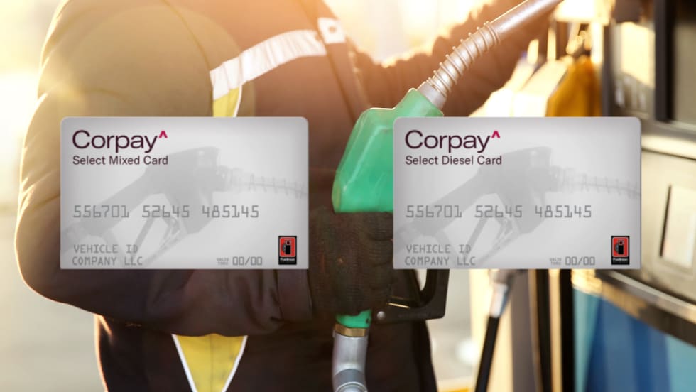 Corpay Select Fleet Cards displayed at fuel pump, offering fleet managers fuel savings, spend control, and maintenance management tools.