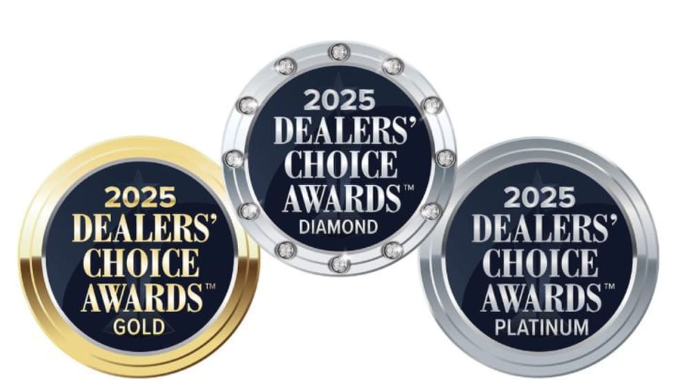 Three 2025 Dealers’ Choice Awards badges — Gold, Diamond, and Platinum — recognizing top honors given to companies in the automotive industry.