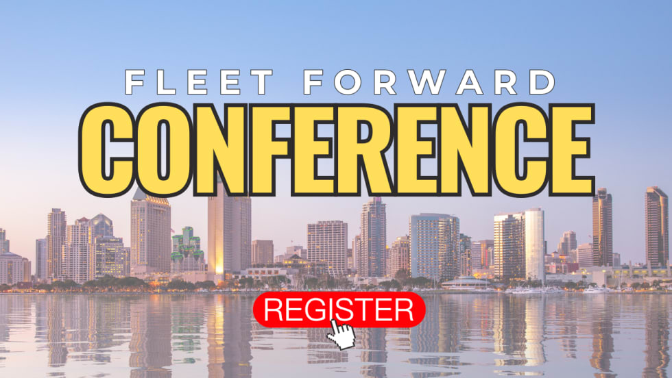 San Diego skyline on a clear day with Fleet Forward Conference, Register overlayed on top. 