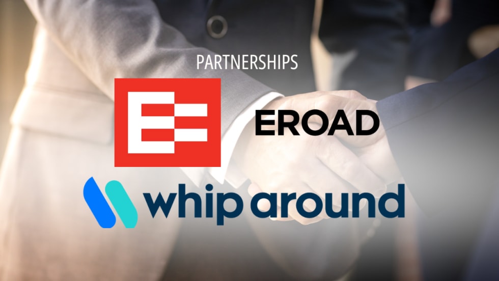 EROAD and Whip Around logos over a handshake, symbolizing a new fleet technology partnership focused on connected maintenance and compliance solutions.
