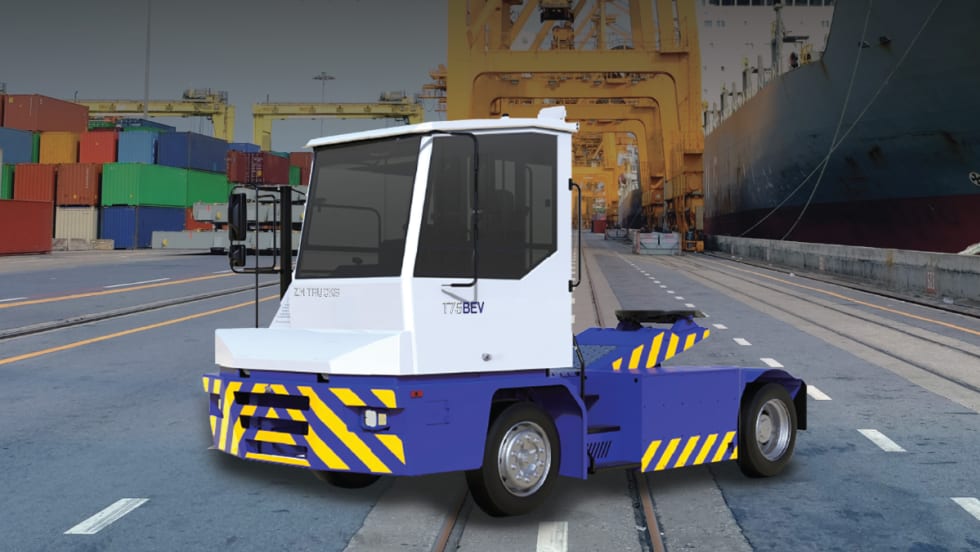 Illustration of ZM Trucks T75 Battery-Electric Terminal Tractor parked at a shipping port, surrounded by cargo containers and cranes.