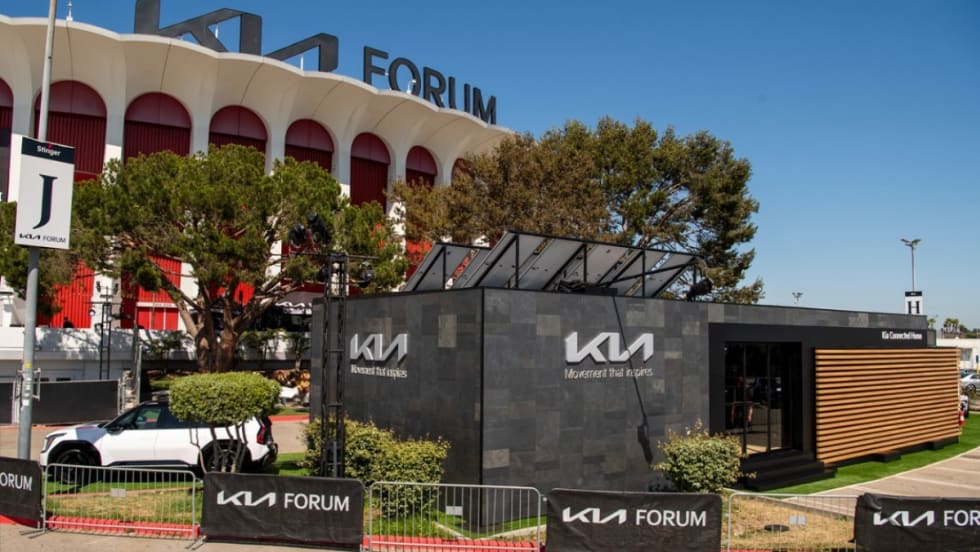 Kia Connected Home exhibit outside the Kia Forum in Los Angeles, showcasing the EV9’s vehicle-to-home energy capabilities.