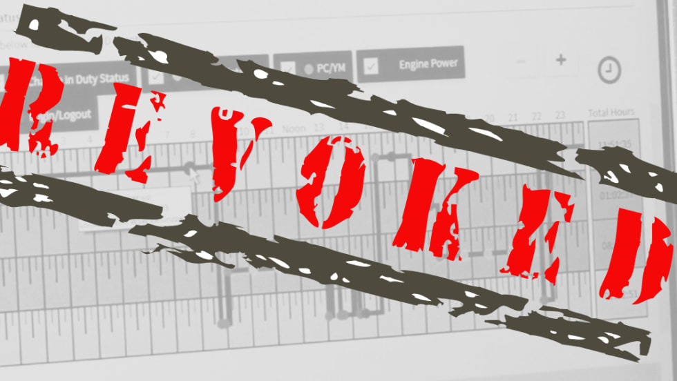 Illustration of "Revoked" stamp on top of hours of service record of duty log grid