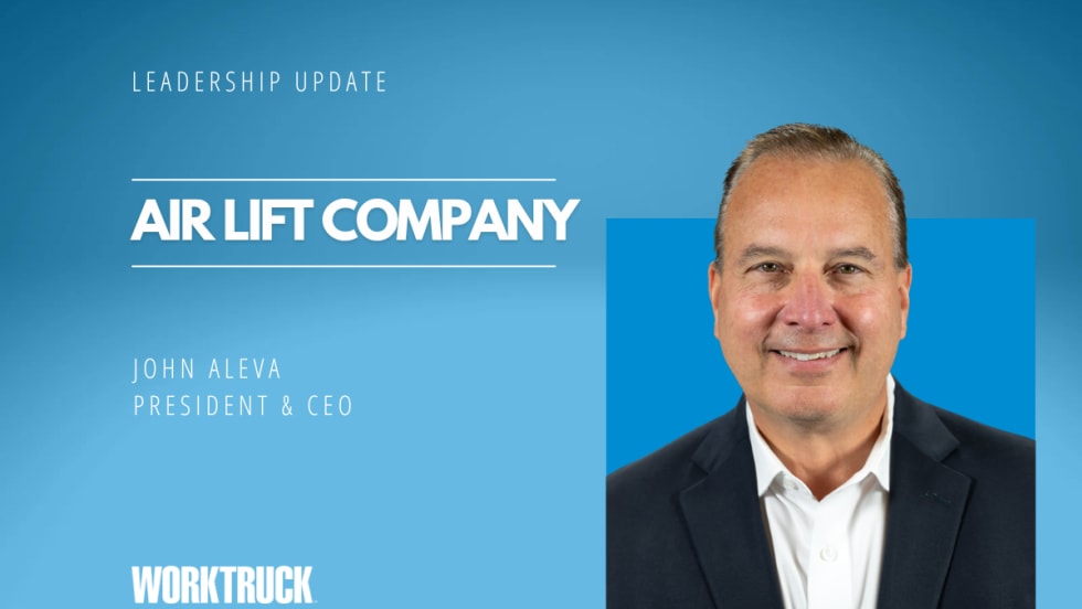 Man in business attire against blue background and white headlines for Leadership Update, Air Lift Company, and the man's name and title.
